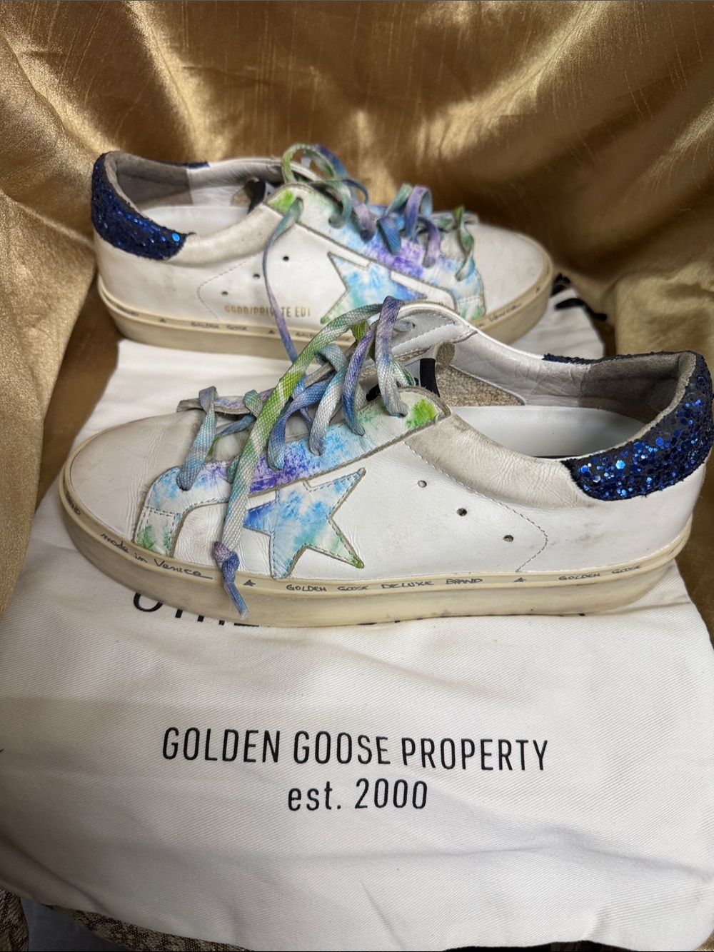 Golden Goose White Sneakers with Blue Glitter Heel and Multicolor Tie-Dye Star